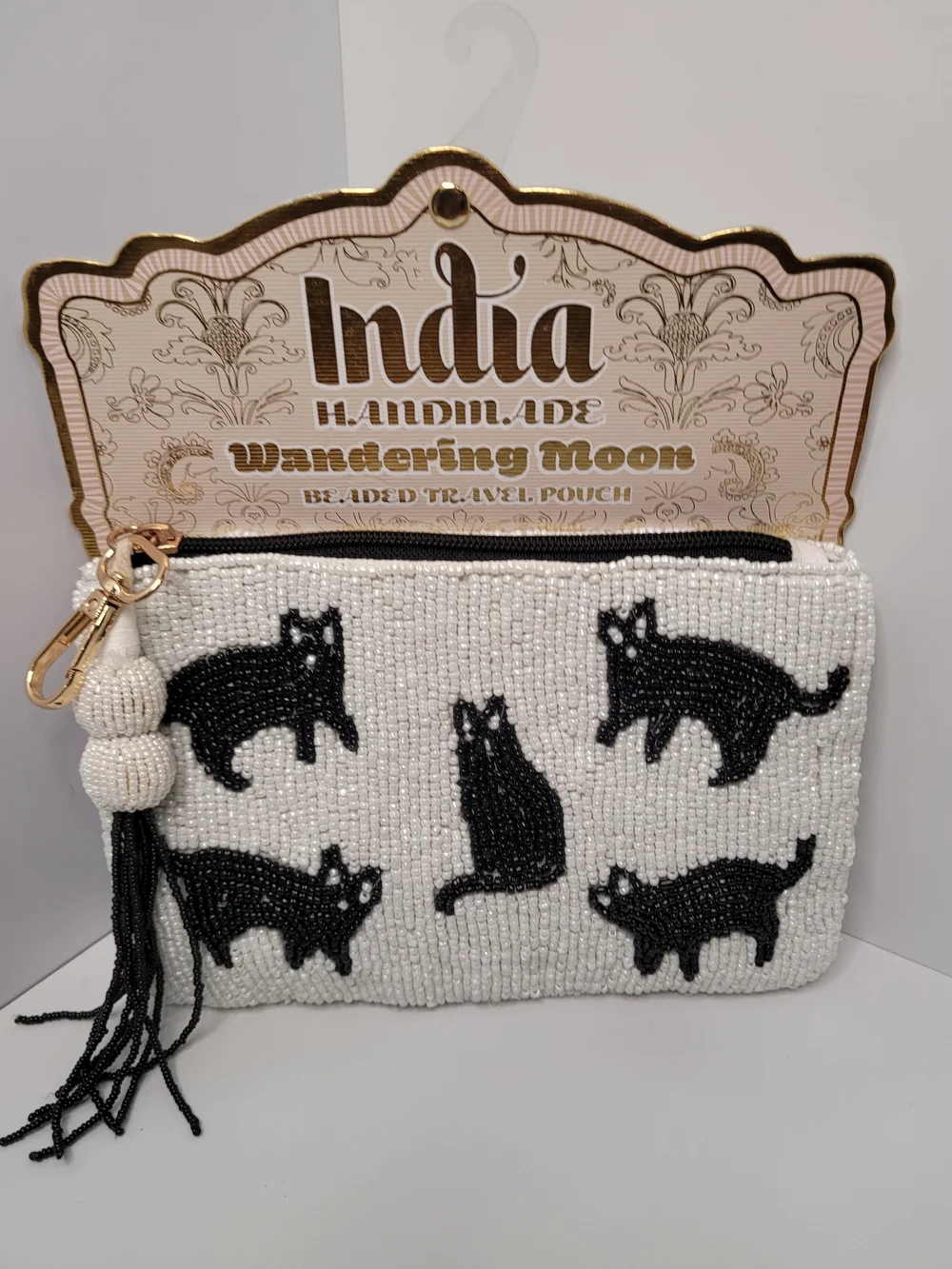 👉✨️ Made In India Handmade White Beaded Cat Wallet Pouch